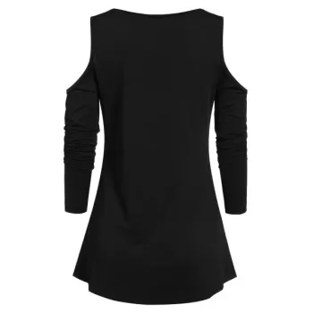 Open Shoulder Rose Print Tunic T Shirt - Black