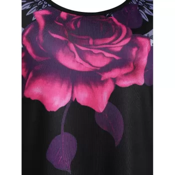 Open Shoulder Rose Print Tunic T Shirt - Black