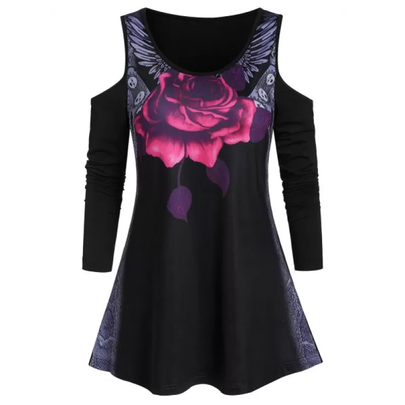 Open Shoulder Rose Print Tunic T Shirt - Black