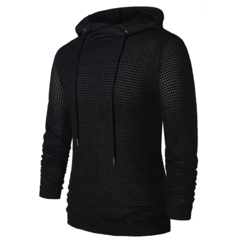 Openwork Long Sleeve Hoodie - Black