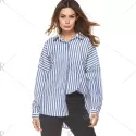 Oversized Drop Shoulder Striped High Low Shirt - Blue Strip Pattern