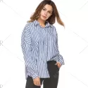 Oversized Drop Shoulder Striped High Low Shirt - Blue Strip Pattern