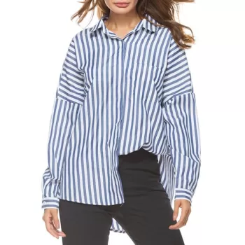 Oversized Drop Shoulder Striped High Low Shirt - Blue Strip Pattern