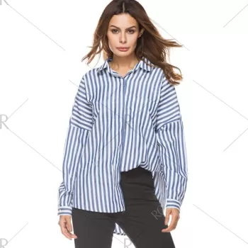 Oversized Drop Shoulder Striped High Low Shirt - Blue Strip Pattern