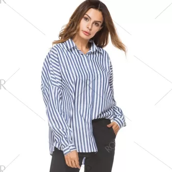 Oversized Drop Shoulder Striped High Low Shirt - Blue Strip Pattern