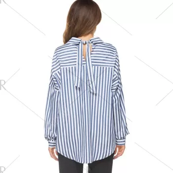 Oversized Drop Shoulder Striped High Low Shirt - Blue Strip Pattern