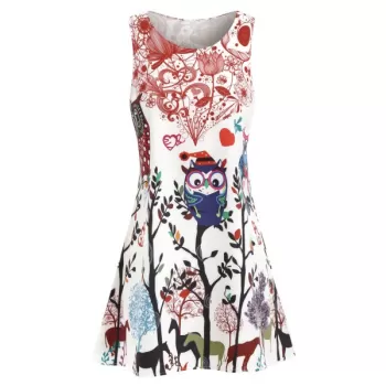 Owls Trees Print Mini Trapeze Dress - White