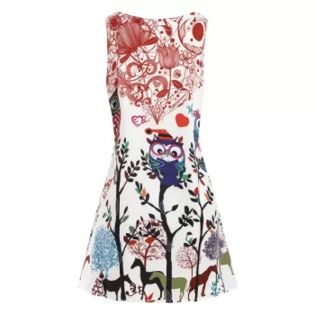 Owls Trees Print Mini Trapeze Dress - White