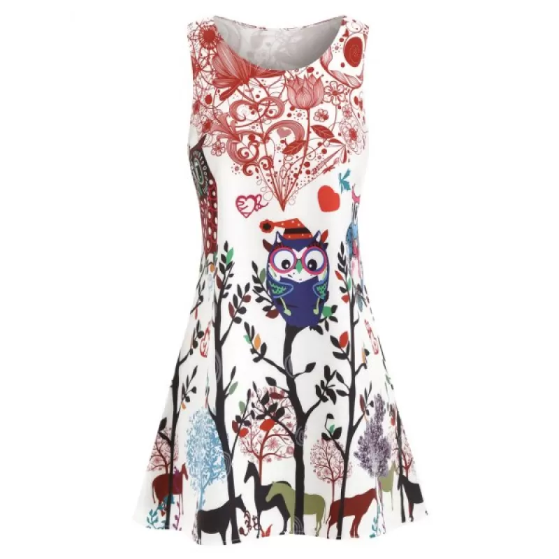 Owls Trees Print Mini Trapeze Dress - White