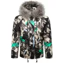 Paint Splatter Fur Hooded Drawstring Design Padded Jacket - Aquamarine