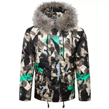 Paint Splatter Fur Hooded Drawstring Design Padded Jacket - Aquamarine