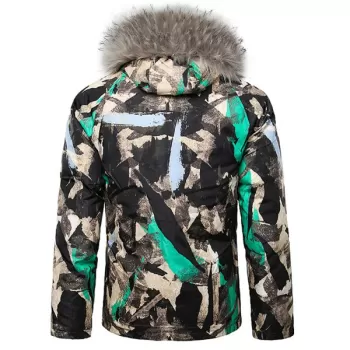 Paint Splatter Fur Hooded Drawstring Design Padded Jacket - Aquamarine