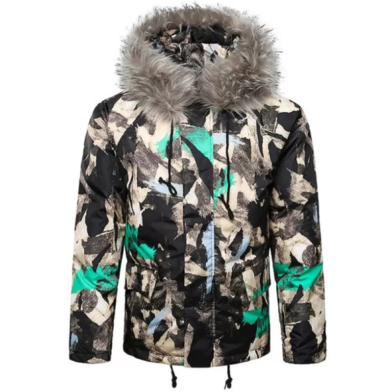 Paint Splatter Fur Hooded Drawstring Design Padded Jacket - Aquamarine