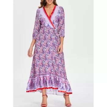 Paisley Print Long Surplice Dress -