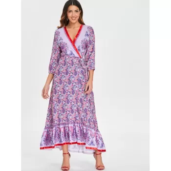 Paisley Print Long Surplice Dress -