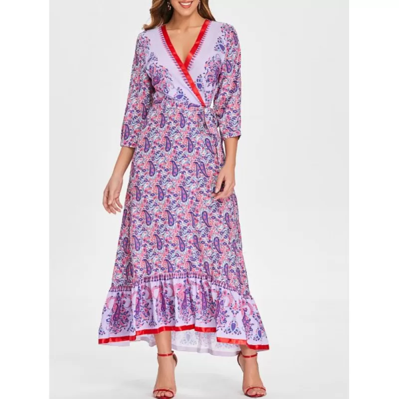 Paisley Print Long Surplice Dress -