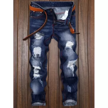 Patches Straight Leg Jeans - Denim Blue