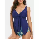 Peacock Feather Asymmetric Padded Tankini wimsuit - Denim Dark Blue