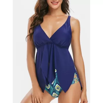 Peacock Feather Asymmetric Padded Tankini wimsuit - Denim Dark Blue