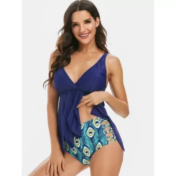 Peacock Feather Asymmetric Padded Tankini wimsuit - Denim Dark Blue
