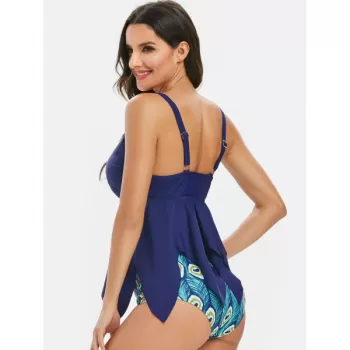 Peacock Feather Asymmetric Padded Tankini wimsuit - Denim Dark Blue