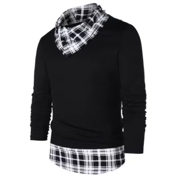 Pile Heap Collar Checked Panel T-shirt - Black