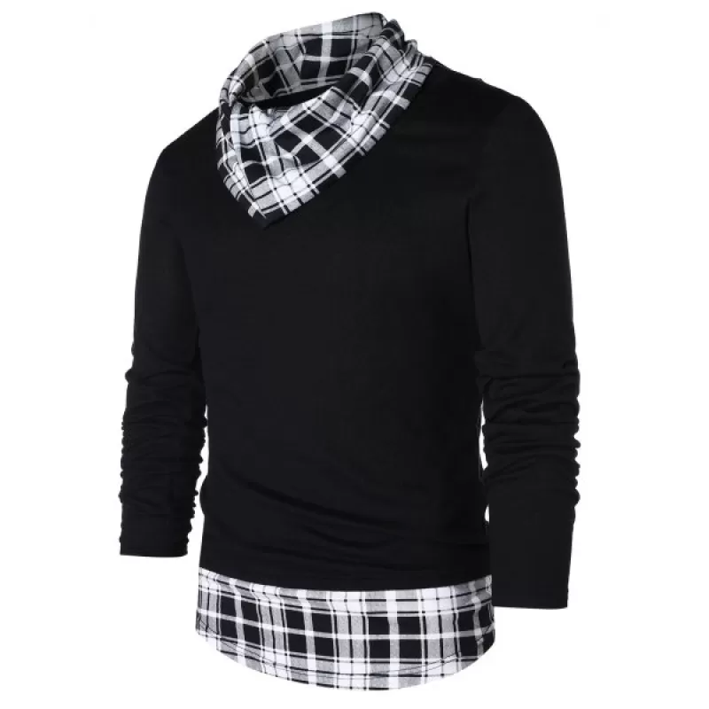 Pile Heap Collar Checked Panel T-shirt - Black