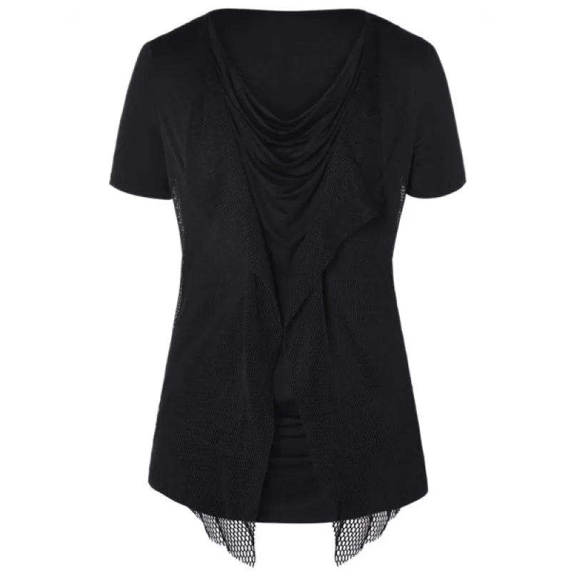 Pile Heap Collar esh Panel T-shirt - Black