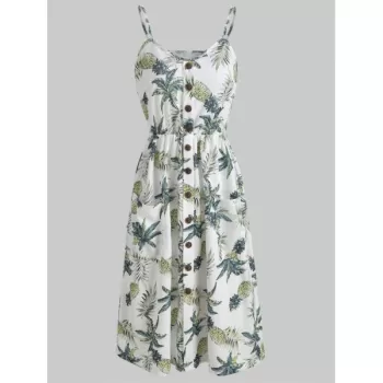 Pineapple Print High Waist Button Dress - White