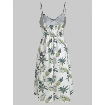 Pineapple Print High Waist Button Dress - White