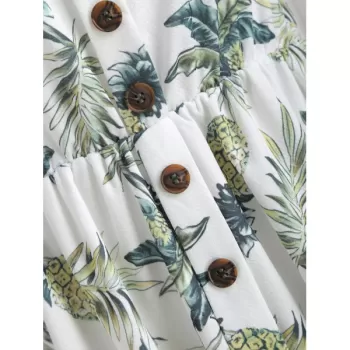 Pineapple Print High Waist Button Dress - White