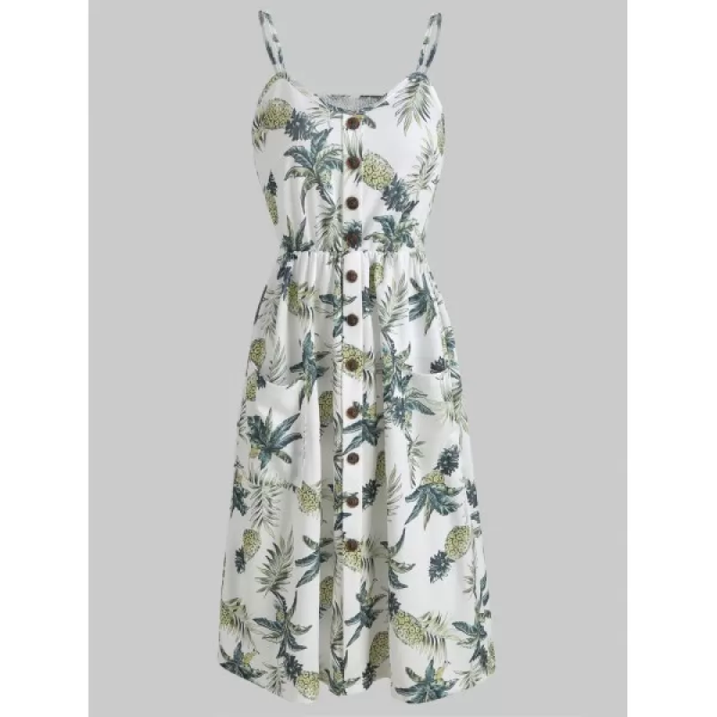 Pineapple Print High Waist Button Dress - White