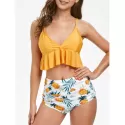 Pineapple Print Ruffles Padded Tankini et - Bright Yellow