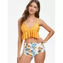 Pineapple Print Ruffles Padded Tankini et - Bright Yellow