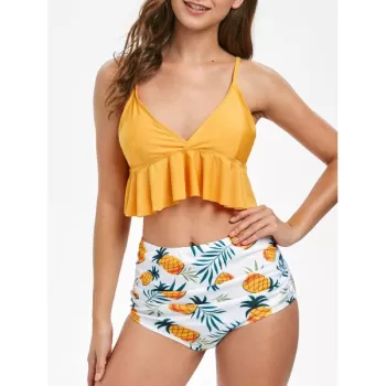 Pineapple Print Ruffles Padded Tankini et - Bright Yellow