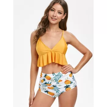 Pineapple Print Ruffles Padded Tankini et - Bright Yellow