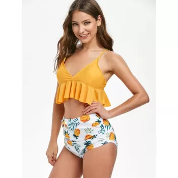 Pineapple Print Ruffles Padded Tankini et - Bright Yellow