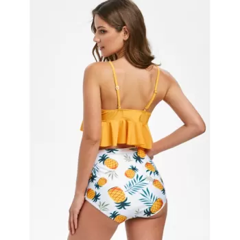 Pineapple Print Ruffles Padded Tankini et - Bright Yellow