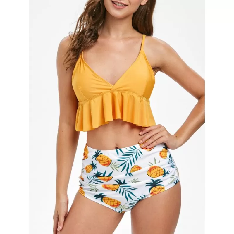 Pineapple Print Ruffles Padded Tankini et - Bright Yellow