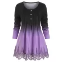 Pintuck Lace Panel Buttoned Ombre Tee - Purple