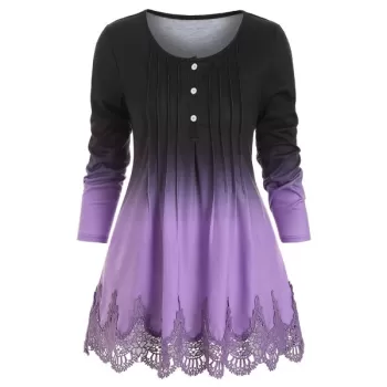 Pintuck Lace Panel Buttoned Ombre Tee - Purple