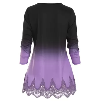 Pintuck Lace Panel Buttoned Ombre Tee - Purple