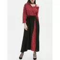 Plaid Button Embellished Skew Neck axi Dress - Red