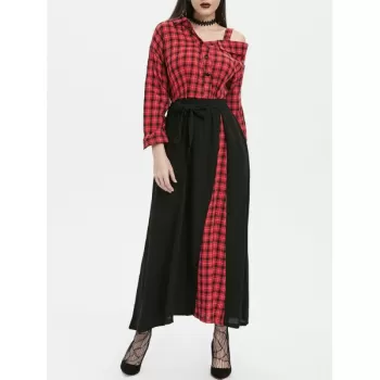 Plaid Button Embellished Skew Neck axi Dress - Red