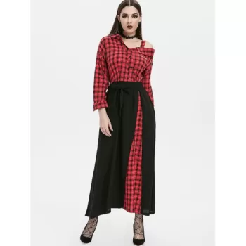 Plaid Button Embellished Skew Neck axi Dress - Red