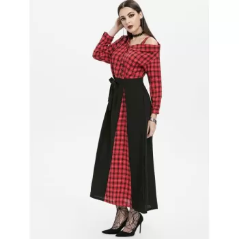 Plaid Button Embellished Skew Neck axi Dress - Red