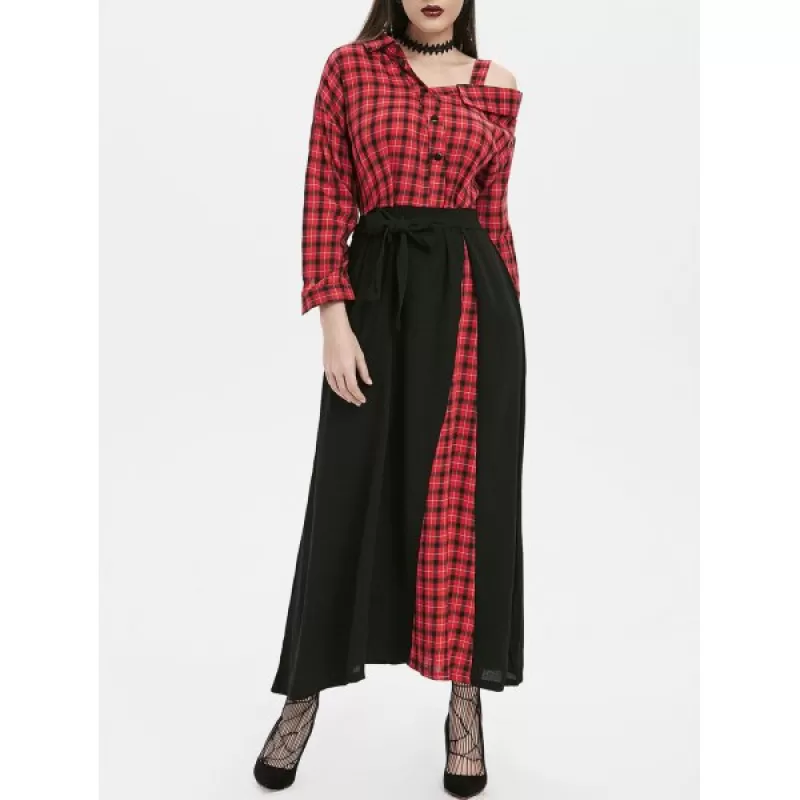 Plaid Button Embellished Skew Neck axi Dress - Red