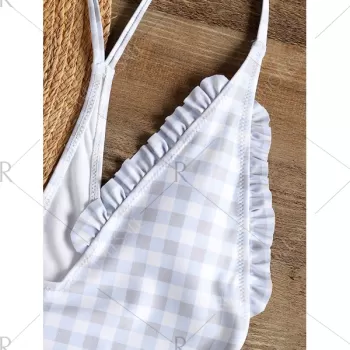 Plaid Frill High Cut Racerback One Piece - Checked