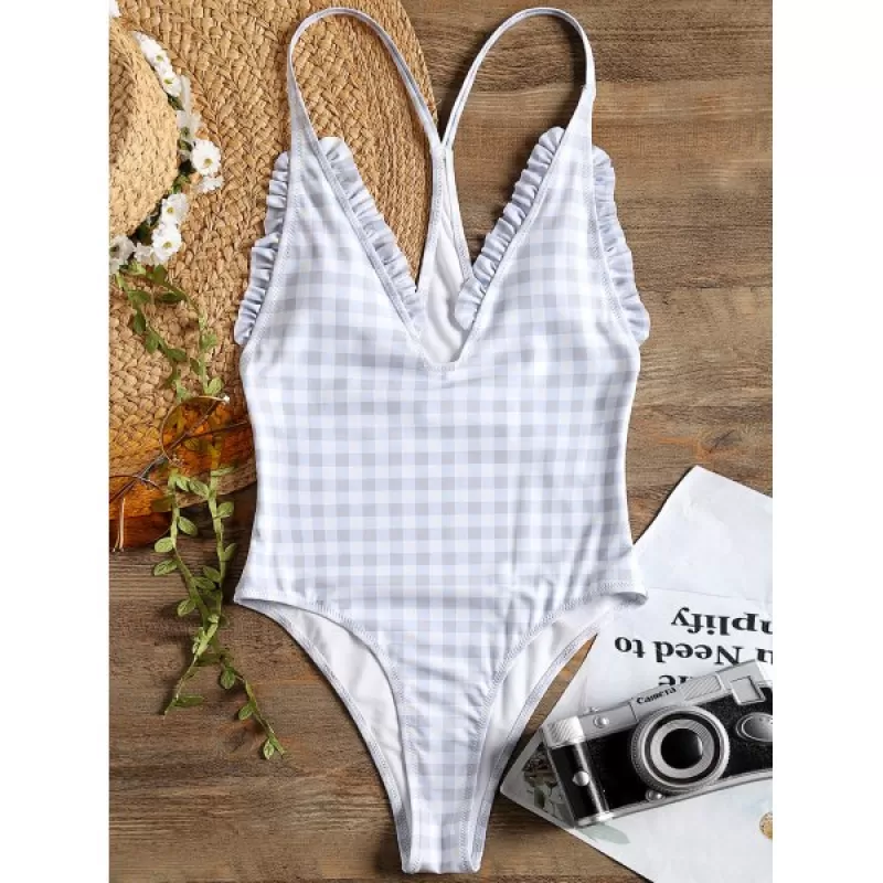 Plaid Frill High Cut Racerback One Piece - Checked
