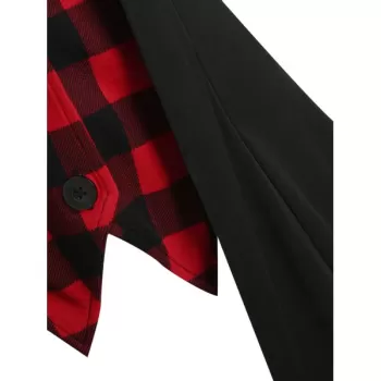 Plaid Panel Button V Neck T Shirt - Black